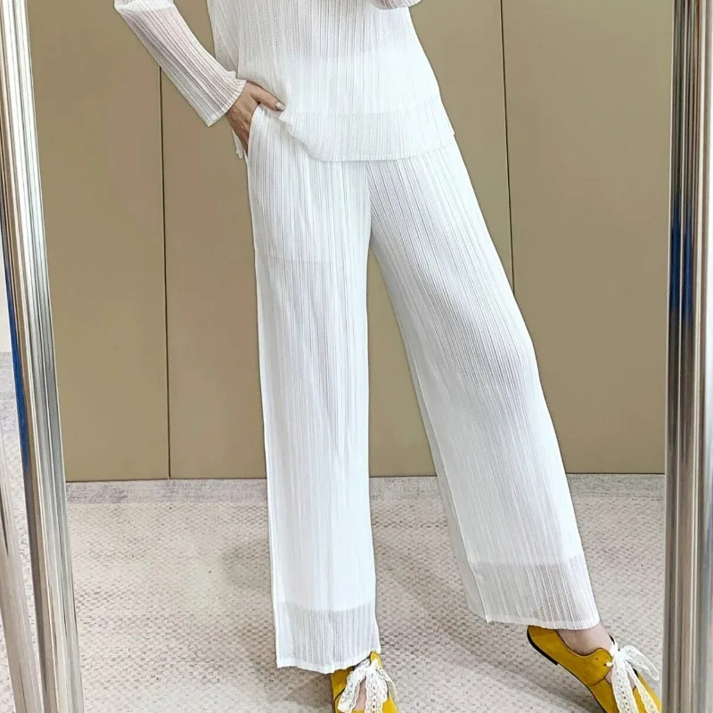 Pleated Women's Pants 2026 Summer New Double-layer Mesh Design Breathable Fashion Simple Casual Stretch Straight Pants