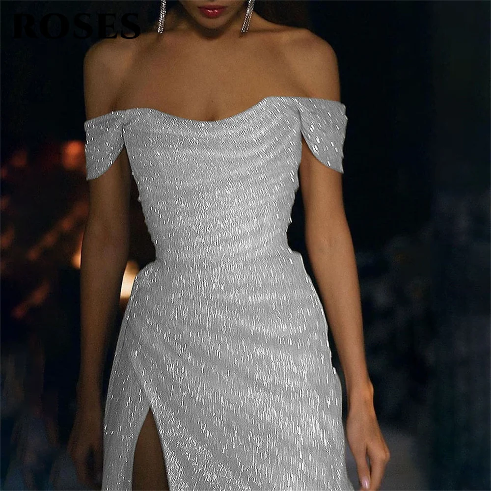 ROSES White Sequin Mermaid Prom Evening Dresses Off the Shoulder فستان حفلات الزفاف Side Split Pleat Strapless Party Dresses