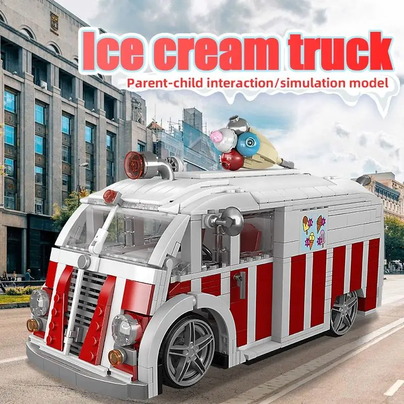 MOULD KING 10039 Ice Cream Truck Building Blocks Set Construction Car DIY Bricks Toys Valentines Day Gifts for Kids Girls