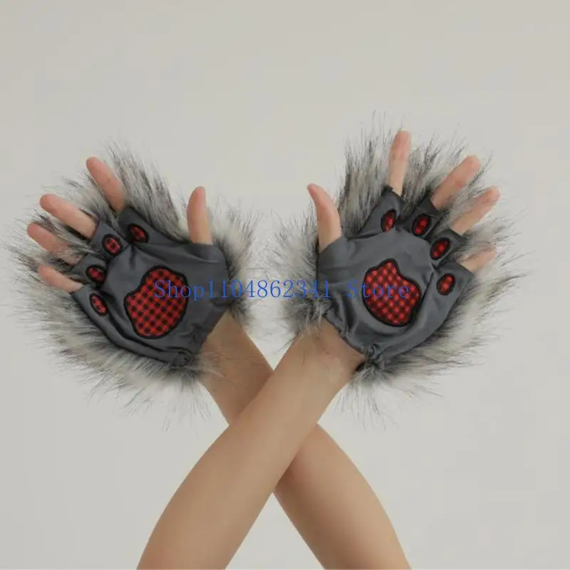5asd Furry Faux Furs Animal Foxes Paws Fingerless Mittens Halloween Cosplay Costume Accessories Cats Paws Gloves Fursuit
