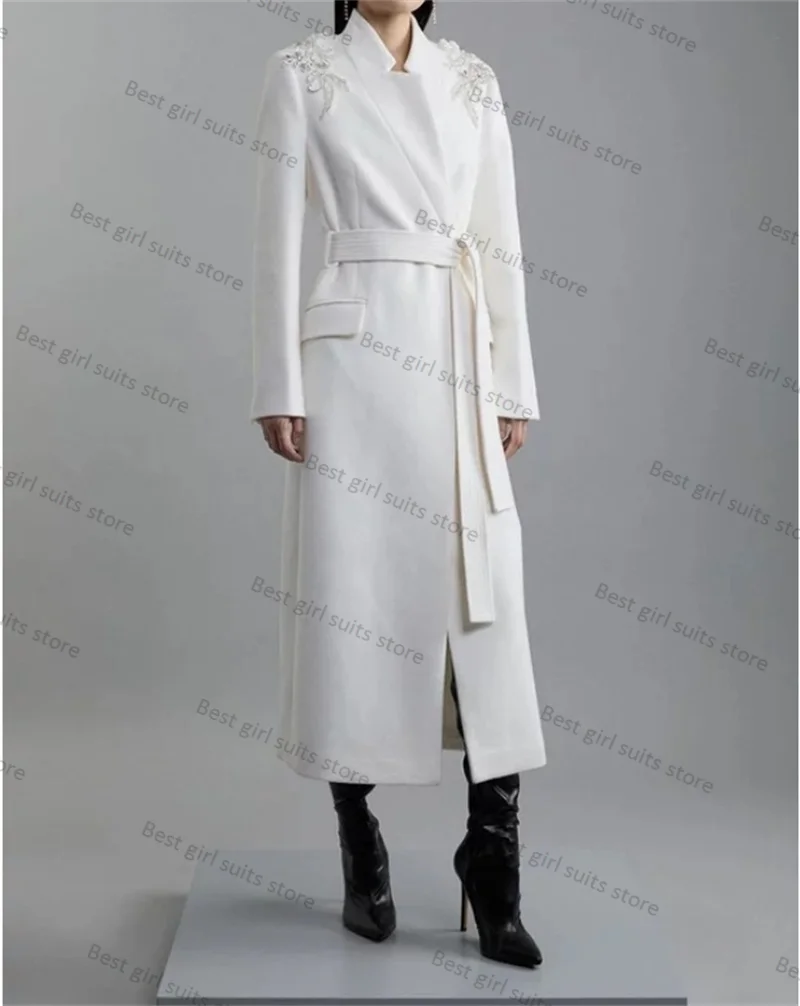 

White Crystals Woolen Women Suits 1 Long Piece Blazer With Belt Formal Office Lady Cashmere Jacket Customized Winter Coat