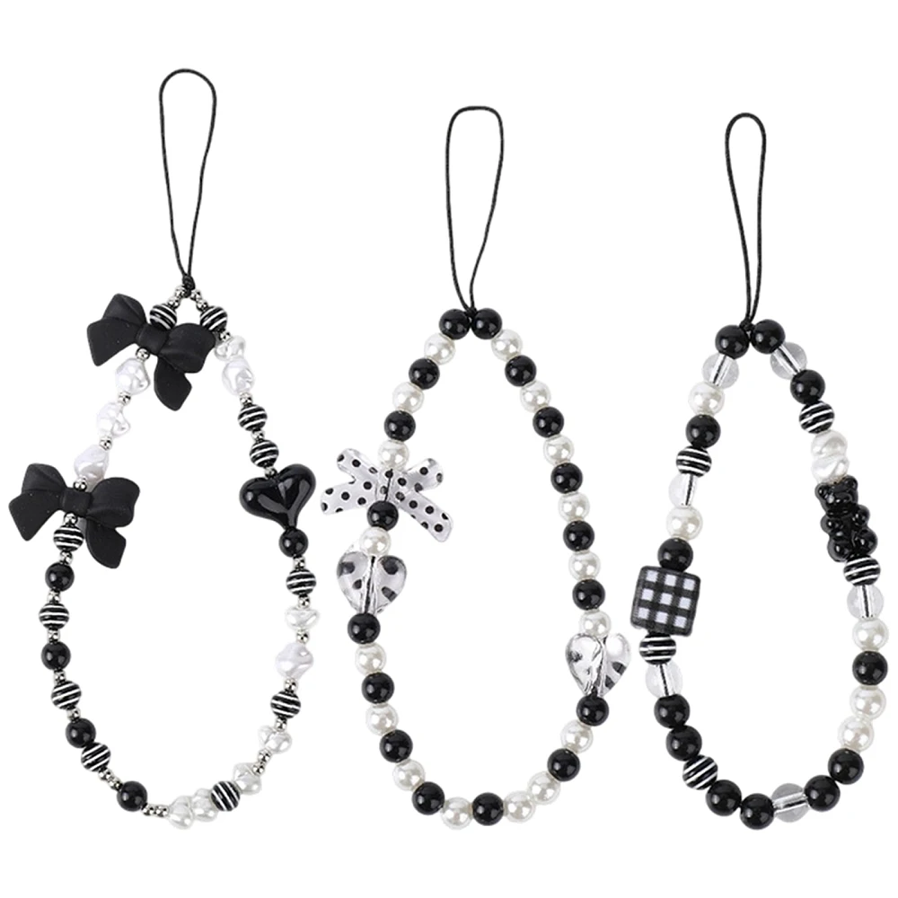 3Pcs 3 Styles Acrylic Beaded Mobile Phone Lanyard Wrist Strap Phone Anti-Lost Chain for Women Black Bowknot Mixed Shapes 225mm