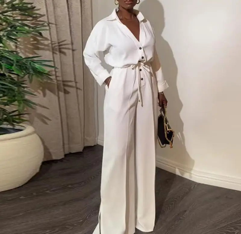 Elegant Women's Jumpsuit Commuting V-Neck Long Sleeved Button Up High Waisted Drawstring Wide Leg Pants Slit Casual Jumpsuit