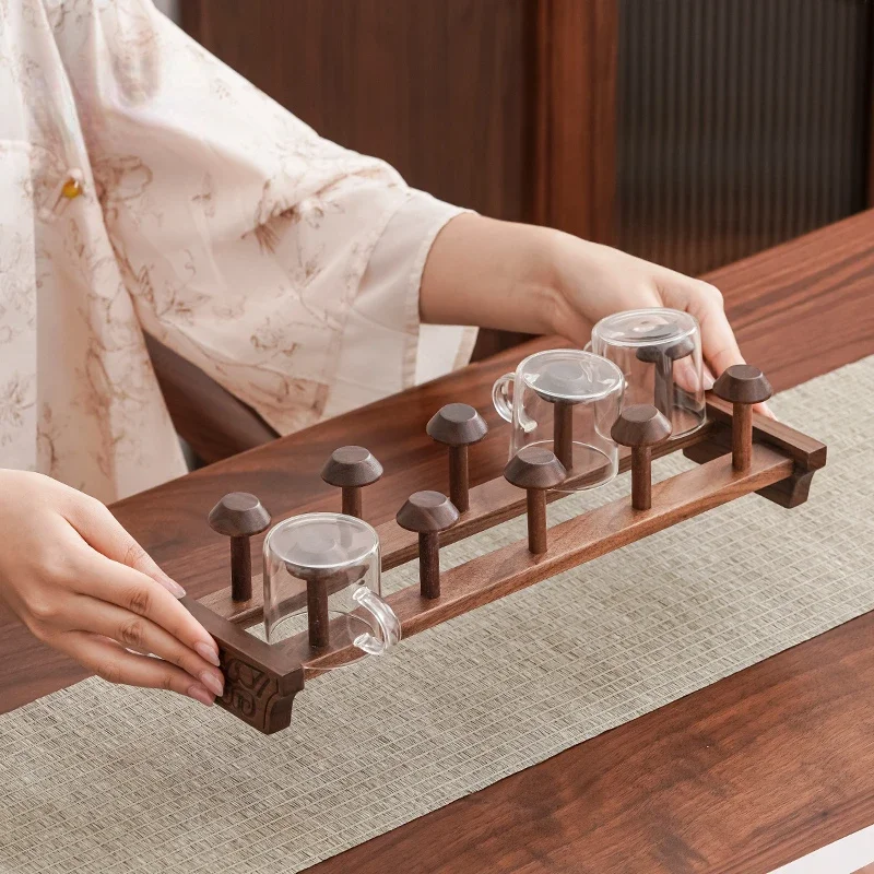 Walnut Wood Cup Rack Kung Fu Tea Set Organization Rack Chinese Drain Water Storage Holders Tea Ceremony Accessories