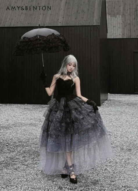 

2026 Summer New Women Black Slim Camisole Tube Top Long Lolita Evening Skirt Birthday Party Prom White Princess Skirt