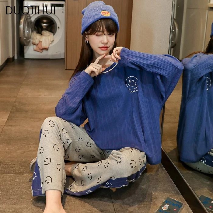 DUOJIHUI-Pyjama Deux Pièces pour Femme, Décontracté, Maison, Classique, Col Rond, Pull, Pantalon, Mode, Imprimé, Printemps