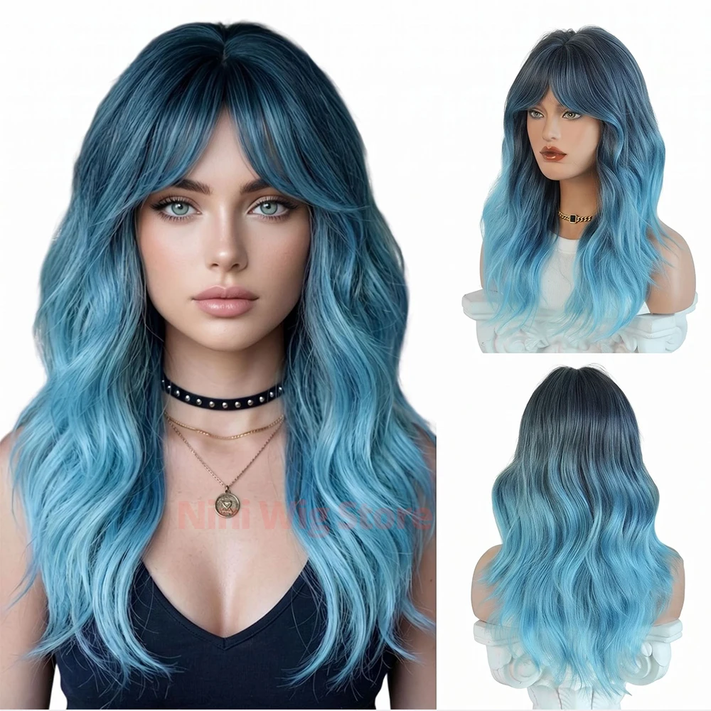 Cosplay Wig Gradient Blue Long Wavy Synthetic Wig Natural Curly Hair For Women Lolita Daily Party Halloween Heat Resistant Wig