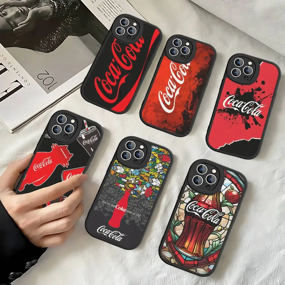 Funda de Cuero con Logotipo Vintage de Coca-Cola para iPhone 16, 16e, 15, 14, 13, 12, 11 Pro Max, Plus, Mini
