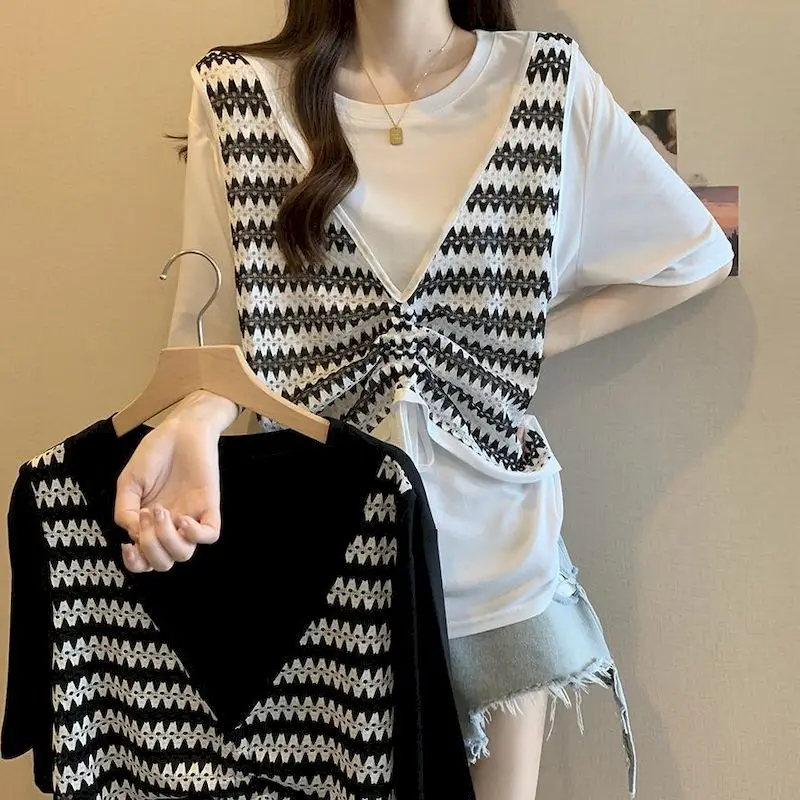 T Shirts Women 2026 Summer Trend Fashion Chain Short Sleeve T-shirt Design Sense Fake Two Pieces Loose Thin Tshirt Woman