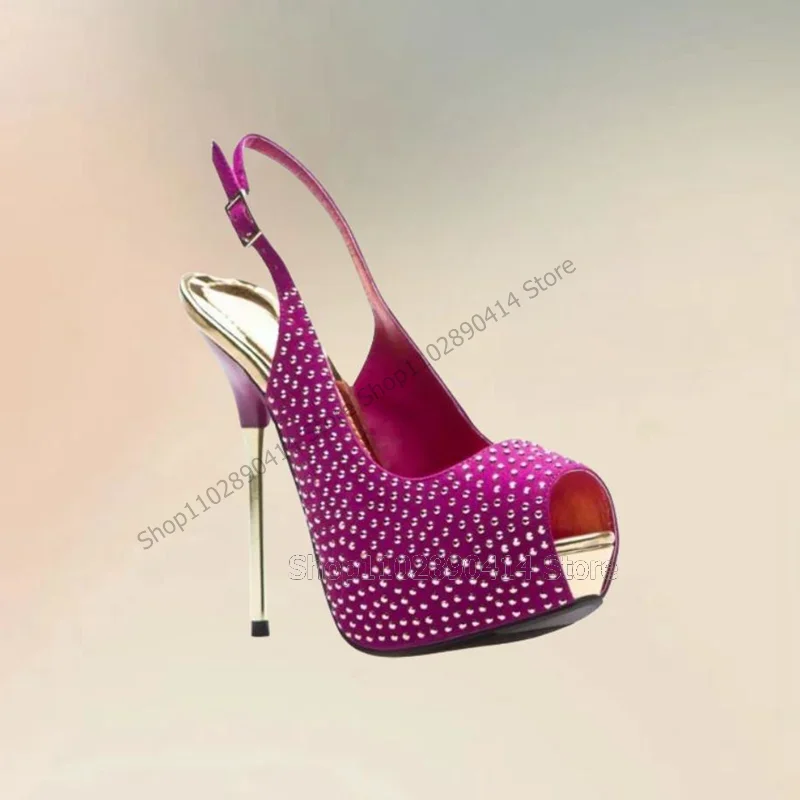 

Purple Rhinestone Decor Metal Heel Platform Pumps Ankle Buckle Strap Women Shoes Peep Toe Fashion Party 2025 Zapatos Para Mujere