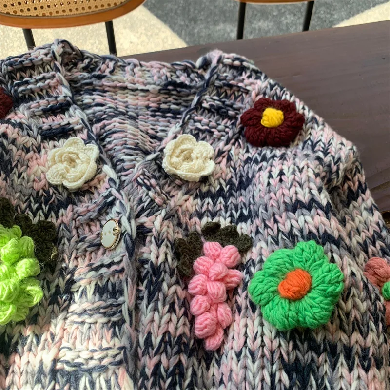 Women Chunky Knit Cardigan Floral Embellishments Loose Retro Vintage Sweater 2023 Autumn New In