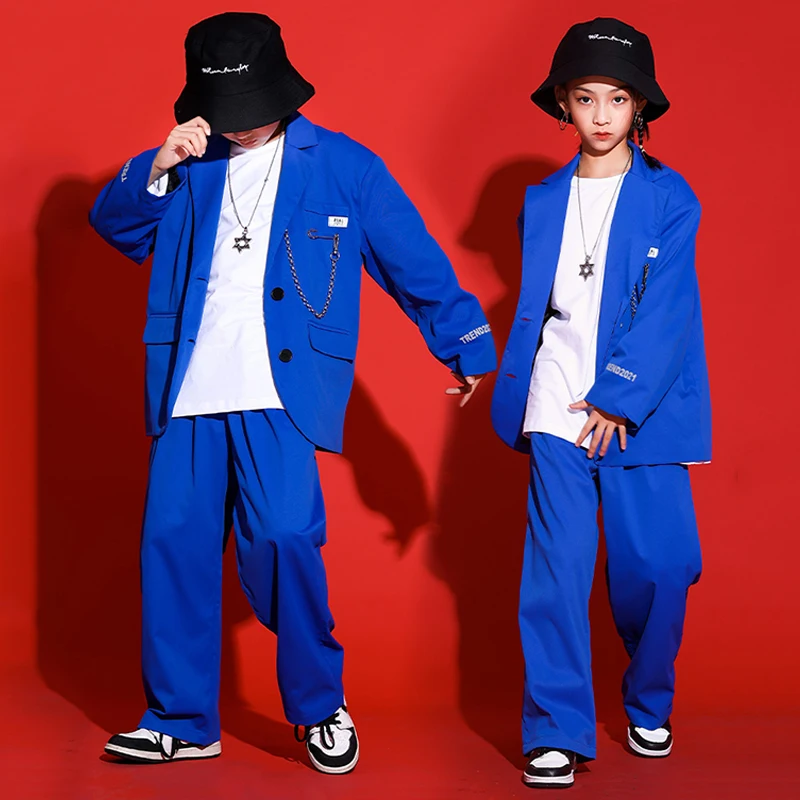 Jazz Dance Kostuum Hiphop Kids Kleding Blauw Pak Jas Broek Jongens Podium Kostuum Meisjes Moderne Dans Uitvoering Kleding Bl7476