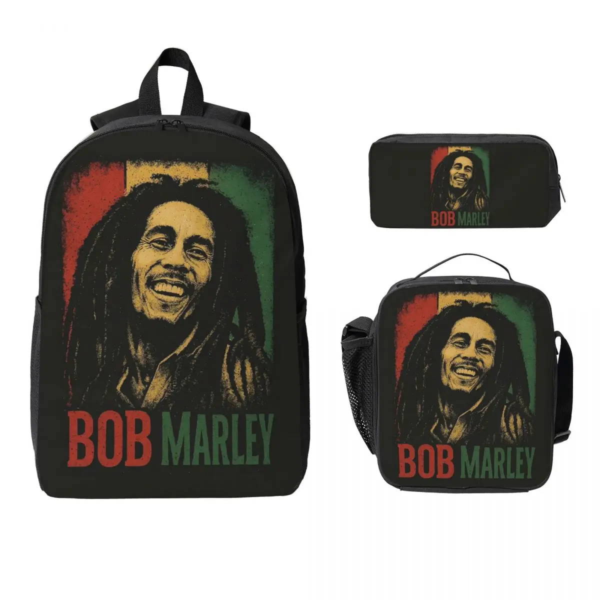 Bob Marley Album Reggae Music Jamaican Style Backpack BookBag School Bag Shoulder Bags 3ps Insulated Lunch Bag Pencil Case