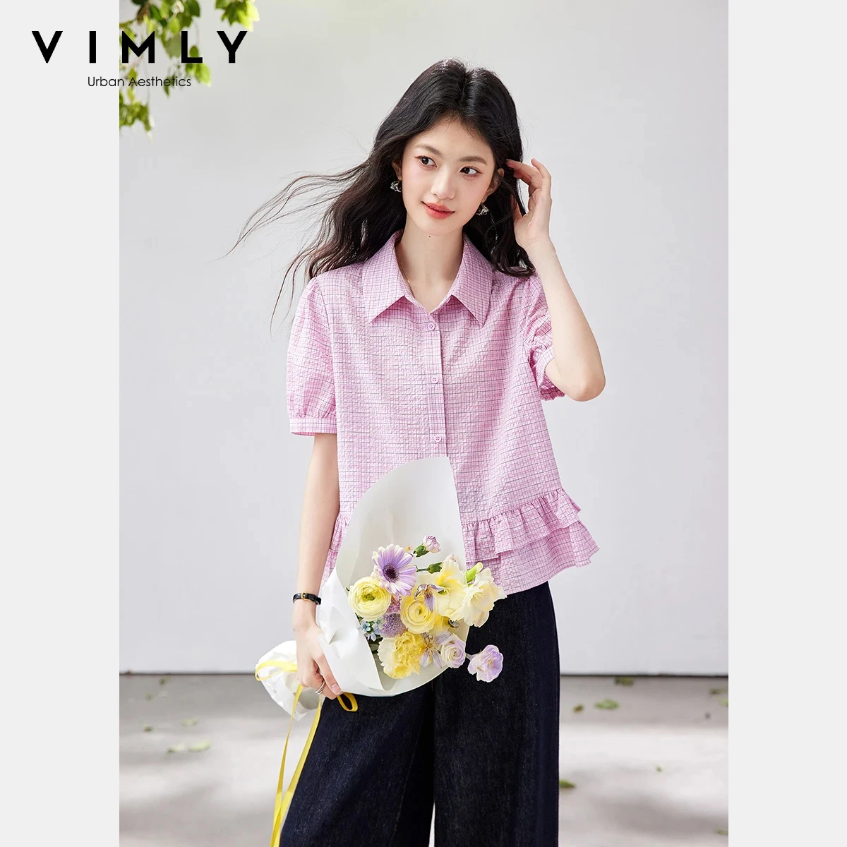

VIMLY Women's Pink Plaid Shirt 2026 Summer New French Ruffle Hem Lapel Collar Puff Short Sleeve Casual Commute Blouse A5100