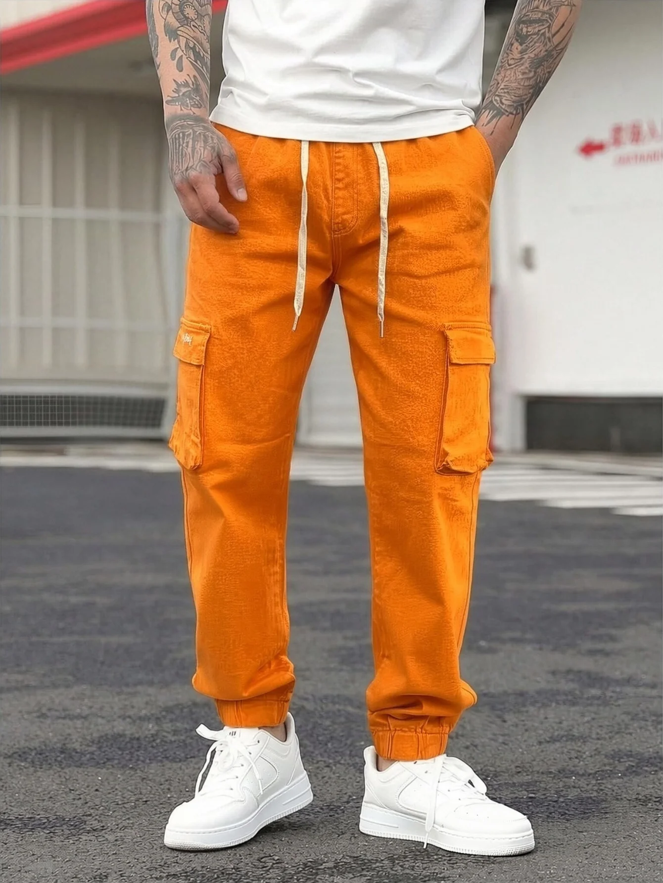 Denim overalls, elastic tied jeans, universal in all seasons, street wear, convenient storage with multiple pockets,