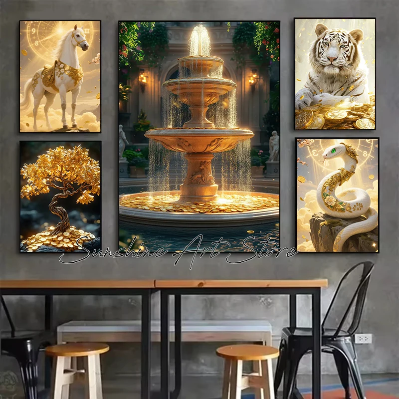 Money Wealth Gold Coins Fantasy Artwork Wishing Well Coin Lucky Cat Tiger Horse Money Poster Canvas Painting Wall Pictures Decor
