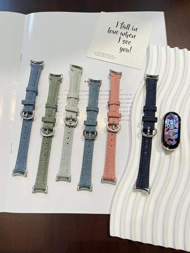 Slim Denim Leather  Strap for Xiaomi Band 8 9 Small Bracelet for miband 9 Women Lady Watchband Vachette Clasp