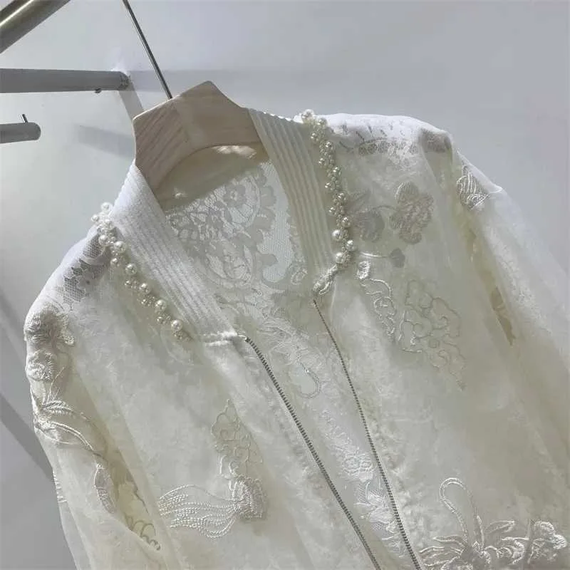 Women's Off-White Sheer Mesh Bomber Jacket with Floral Embroidery and Pearl Trim Lightweight Zip-Up Casual Coat view 4