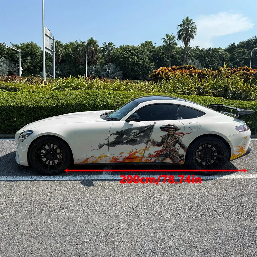 Dark Skeleton Pirate with Flames Car Side Wraps, Self-Adhesive PVC Waterproof & Scratch-Resistant Stickers, Car Accessory Gift