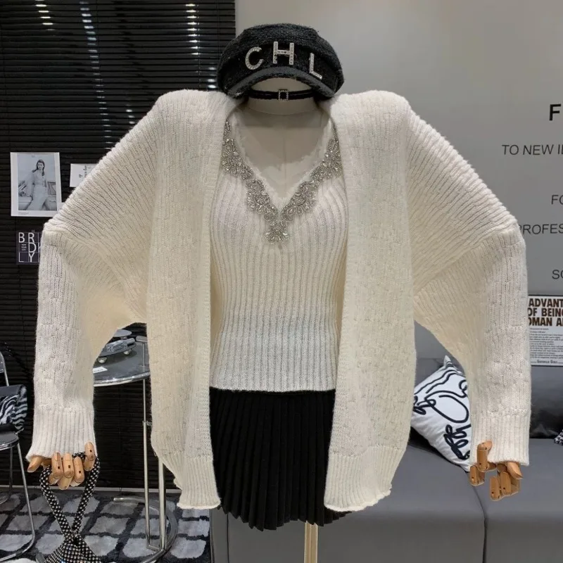 

Комплект модных подтяжек во французском стиле с бриллиантами и v-образным вырезом, свободный ленивый и универсальный вязаный кардиган, комплект из двух предметов