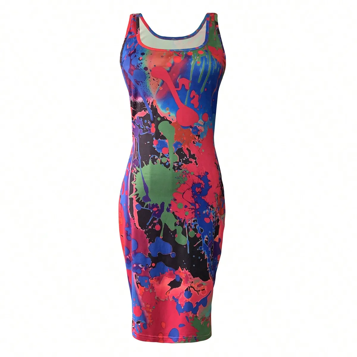 Buntes, figurbetontes Midikleid mit Graffiti-Print für Damen, ärmellos, mit Rundhalsausschnitt, schmal geschnitten, ideal für Sommerpartys und Clubs, sexy Bleistiftkleid. – Detail 3