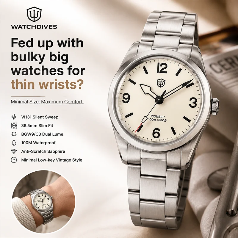 Montre homme vintage V2 des années 1960 VH31 à mouvement à quartz, 36 mm, petit bracelet, verre saphir AR, BGW9, étanche 100 m, montres en acier pour affaires