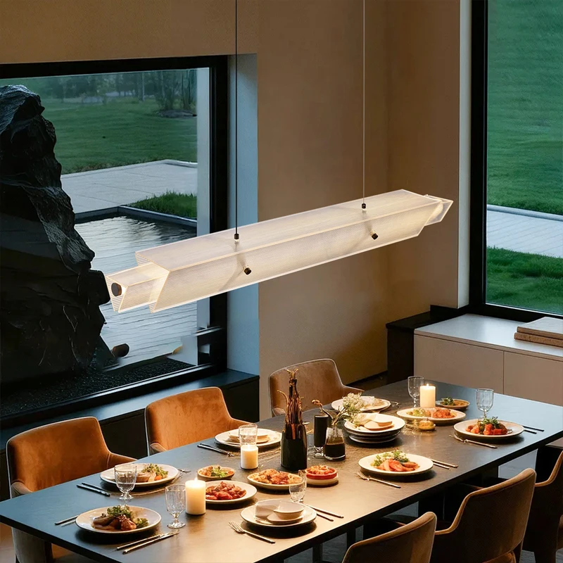 Simple Acrylic Linear LED Chandelier for Dining Table Kitchen Island Restaurant Bar Office Study Modern Iron Strip Pendant Light