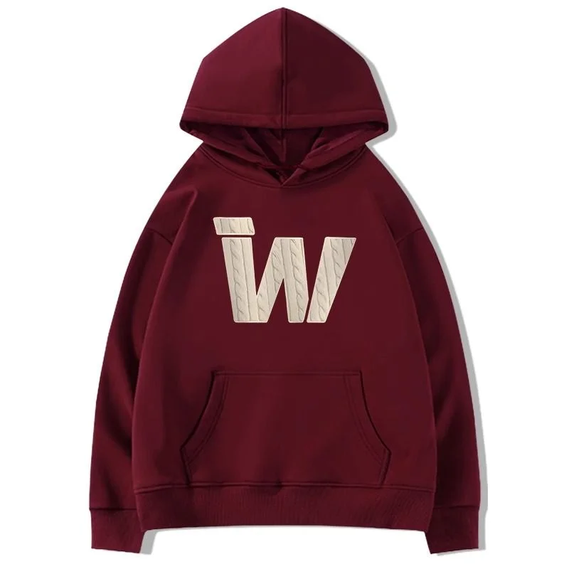 

New Pure Cotton Burgundy Printed Hooded Sweatshirt for Women Autumn Winter Loose American Style Retro Lazy Velvet Top