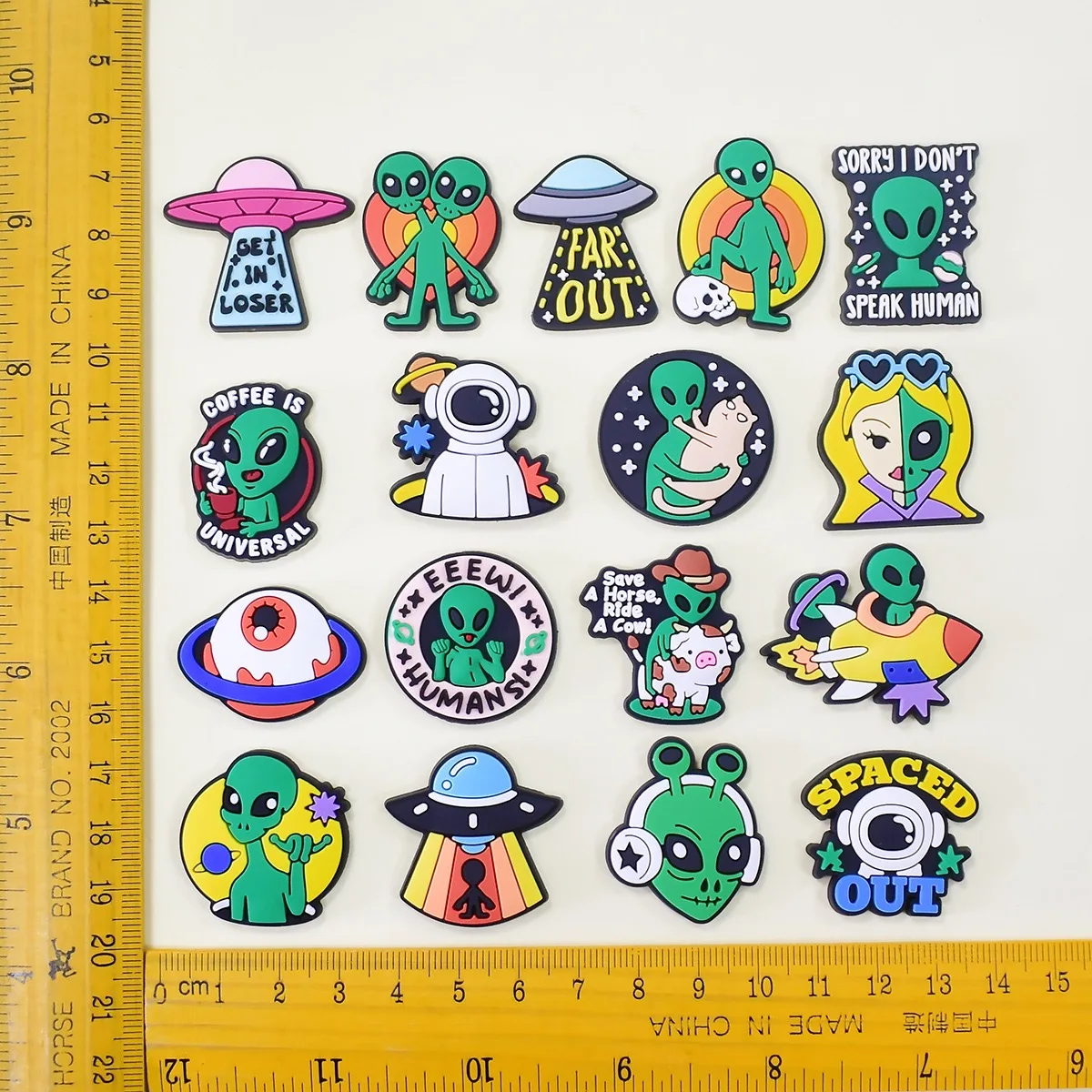 1-20Pcs Hello Alien Rocket PVC Shoes Charms Eyeball Coffee is Universal Clog Buckles Ornaments For Funny Holiday Gifts