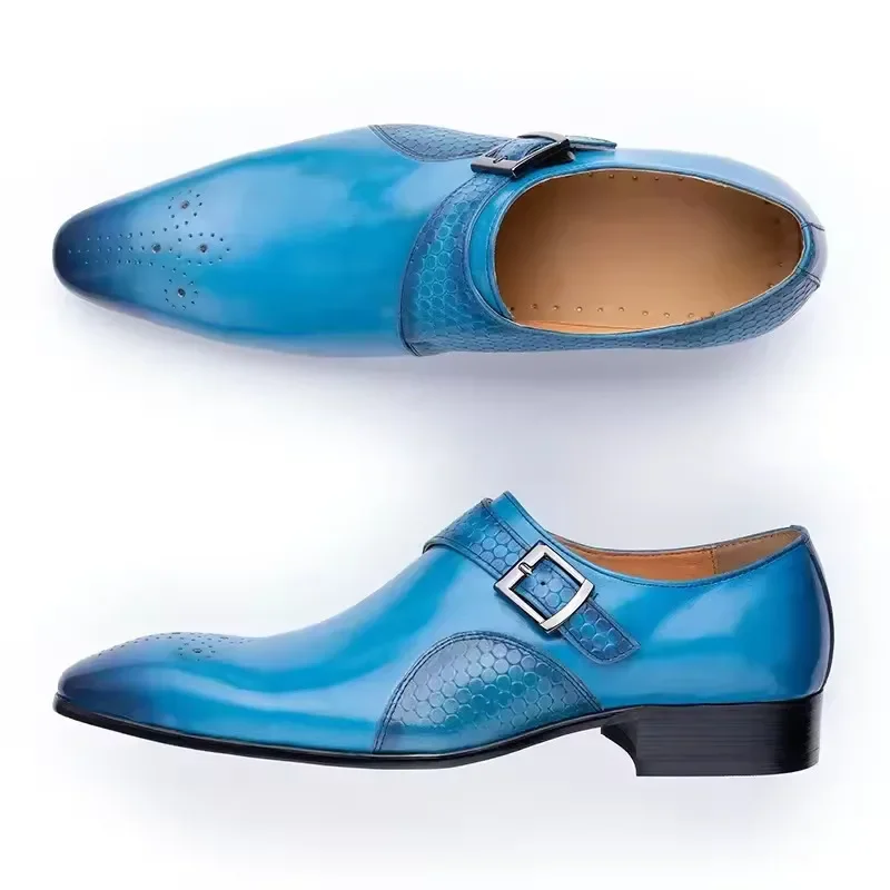 

Men Fashion Blue Black Breathable Handmade Leather Wedding Top Cowhide Shoes