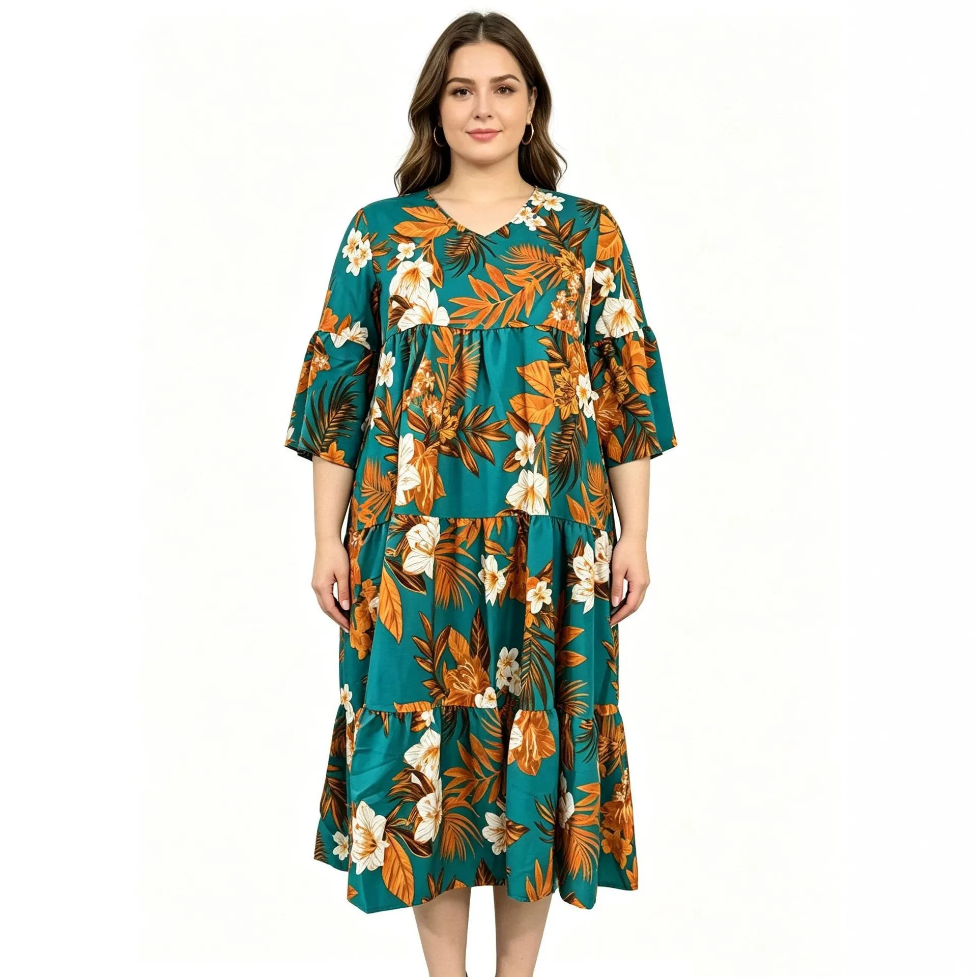 xl-5xl-プラスサイズのアフリカのドレス女性のための春秋アフリカ-3-4-袖ポリエステル印刷ミディドレスダシキアフリカ服