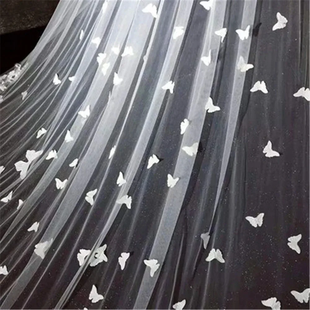 Long Lace Edge 3D Butterfly Floral Appliques Face-Covered Cathedral Bridal Veil With Comb velo de novi
