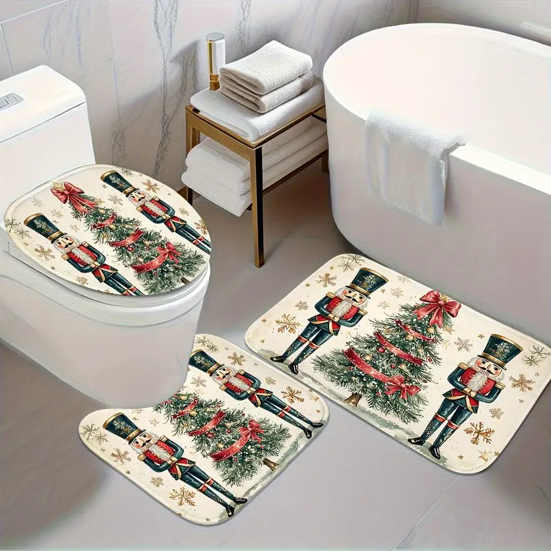 VIKAMA Christmas Nutcracker Bathroom Set 3 Piece Tree Snowflake Toilet Lid Cover Non Slip Bath Rug U Shape Mat Festive Holiday