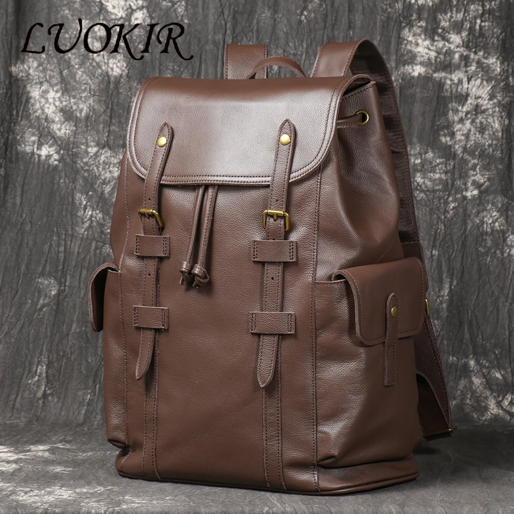 

LUOKIR Retro Men's Leather Backpack Top Layer Cowhide Travel Backpack Large Capacity Computer School Bag Back to School
