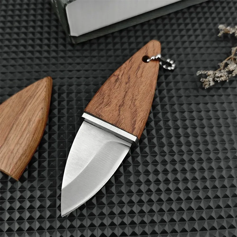 Portable Small Fixed Blade Knife Wooden Handle Wood Sheath Key Ring Design EDC Cutting Tool for Daily Carry Camping