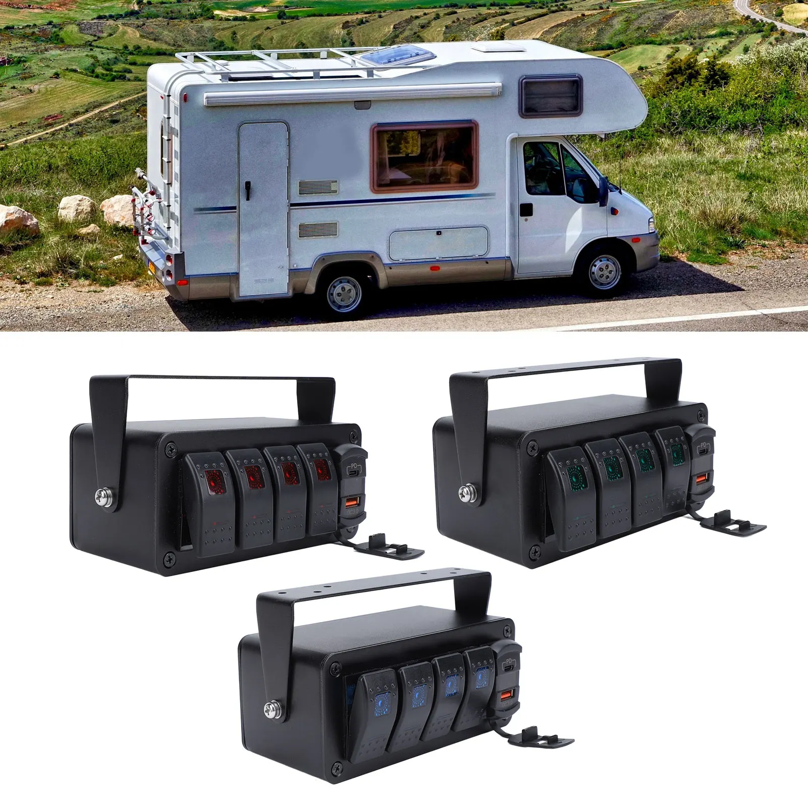 

4 Gang Rocker Switch Panel with PD Type C QC3.0 USB Charger Waterproof Universal Fit for Car Truck Boat RV UTV ATV