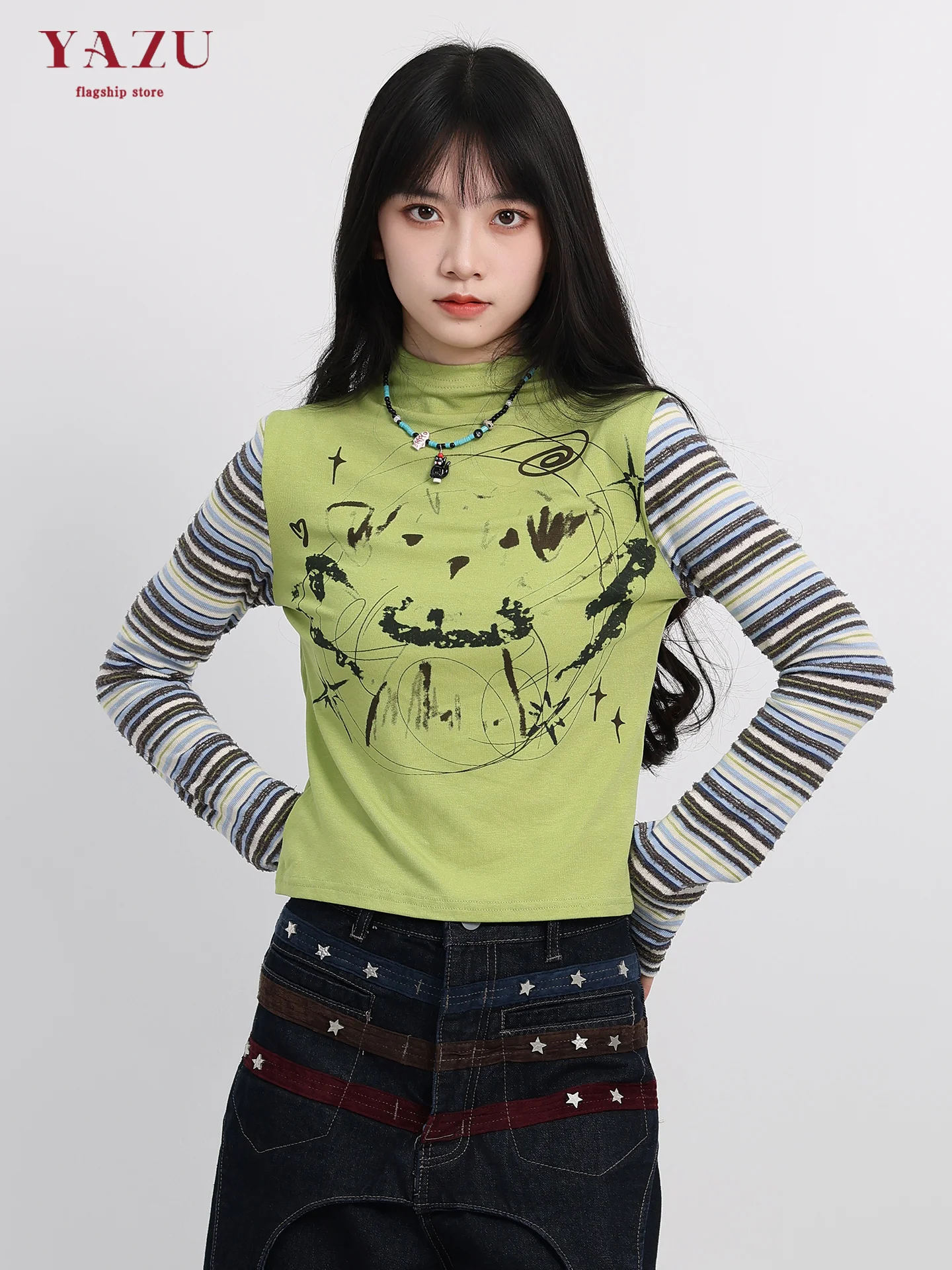 American Style Long Sleeve T-Shirt Women Early Autumn New Design Sense Striped Correct Shoulder Slimming Top High Collar