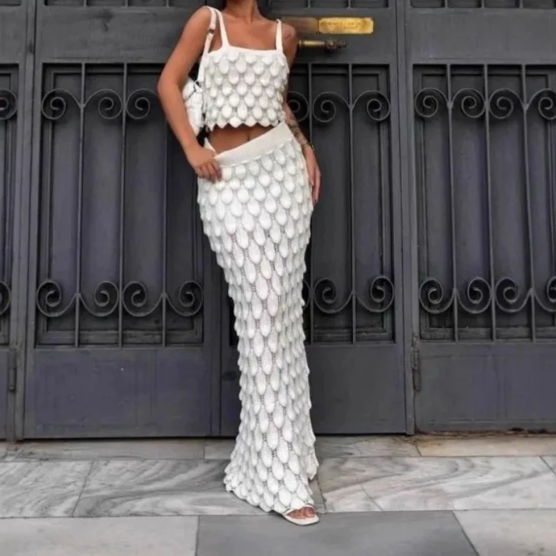 

Summer New Knitted Hollow Out Square Collar Tank Top and Tight Skirt Two Piece Set Fashion White Sexy Bodycon Skirt Matching Set