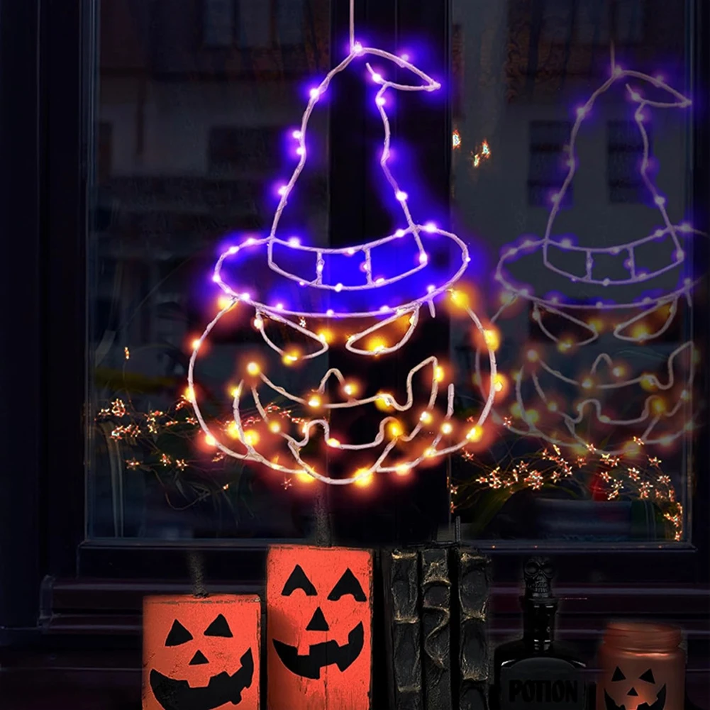 

Halloween Window Decorations Lights Wizard Hat Pumpkin Hanging Lamp Battery Powered Remote Holiday Party Lighting with 8 Modes