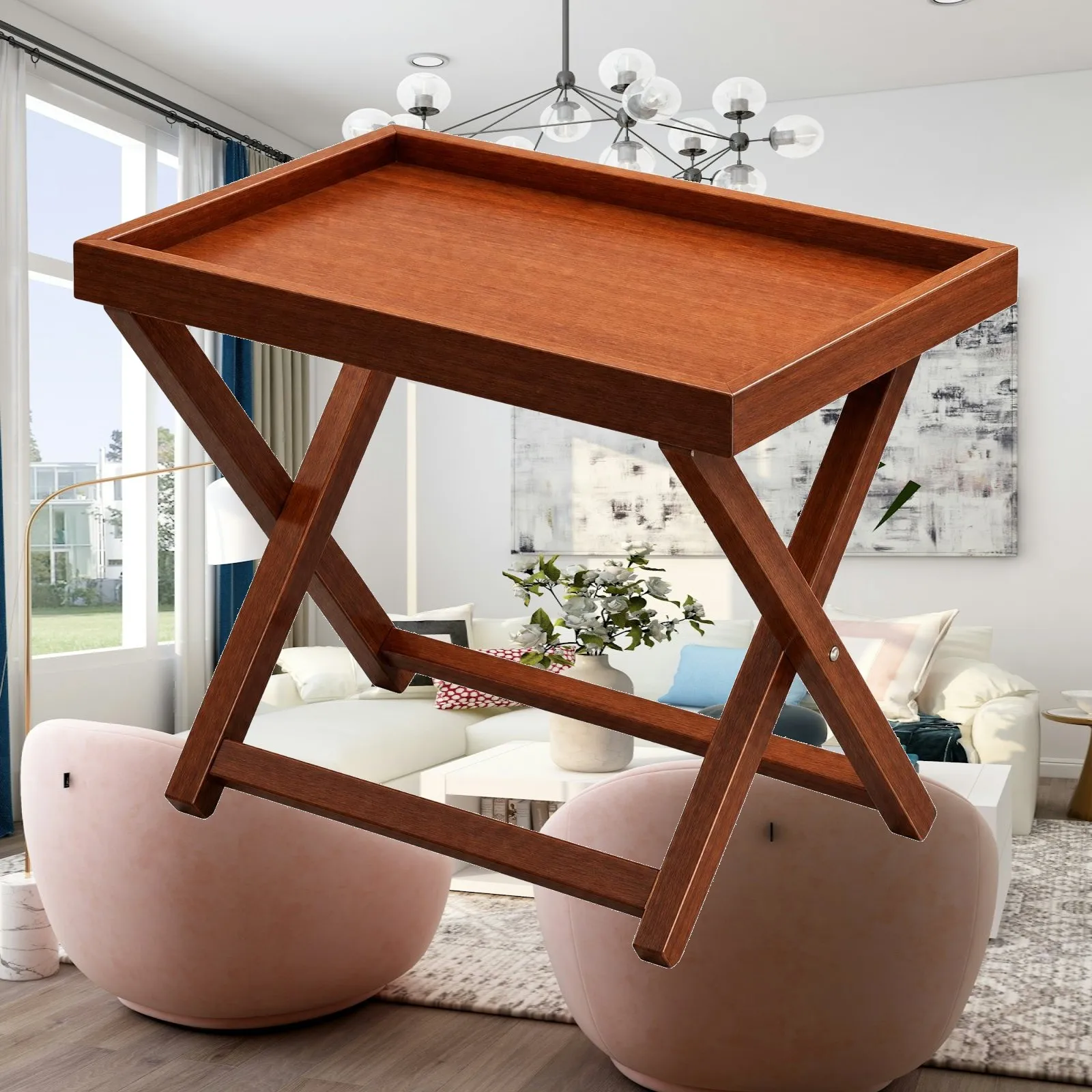 Wooden Folding Side Cabinet Tray Tabletop X Frame Occasional Table for Bedroom Living Room Balcony