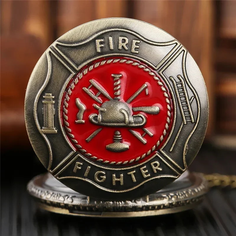 Bronze Fire Fighter Design Men's Quartz Analog Pocket Watch Fireman Theme Watches Sweater Necklace Chain Reloj De Bolsillo
