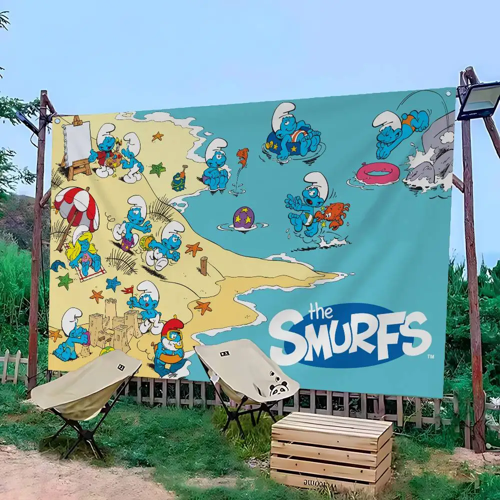 Cartoon Cute S-Smurfs Creative Pattern Hanging Flag Polyester Printed Banner Hand Pulled Flag