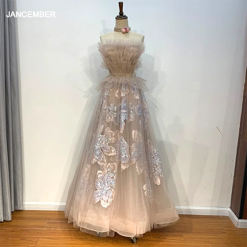 

Champagne Tulle Lace Long Prom Dress Lace Formal Dress Ruffles Evening Dress Lsmz03