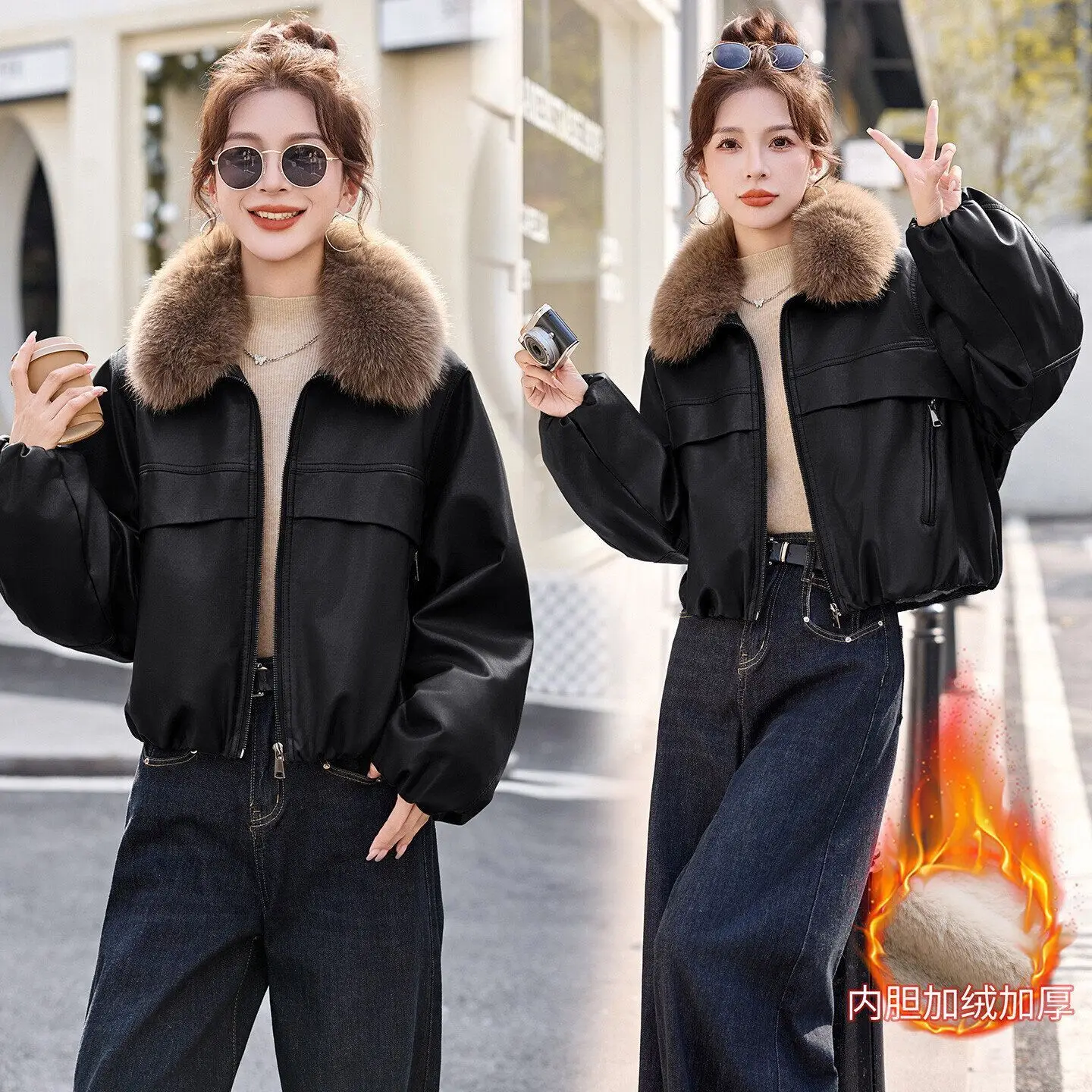 Winter Warm Thick Wool Lined Leather Jacket Big Fur Collar Women Faux Leather Coat Short Top Long-Sleeved Zipper Windproof Coats