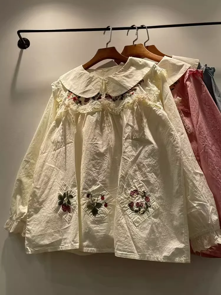 바스트 118cm 모리 케이 스위트 피터팬 칼라 코튼 블루 베이지 핑크 자수 패치 셔츠 긴 소매 블라우스 귀여운 옷