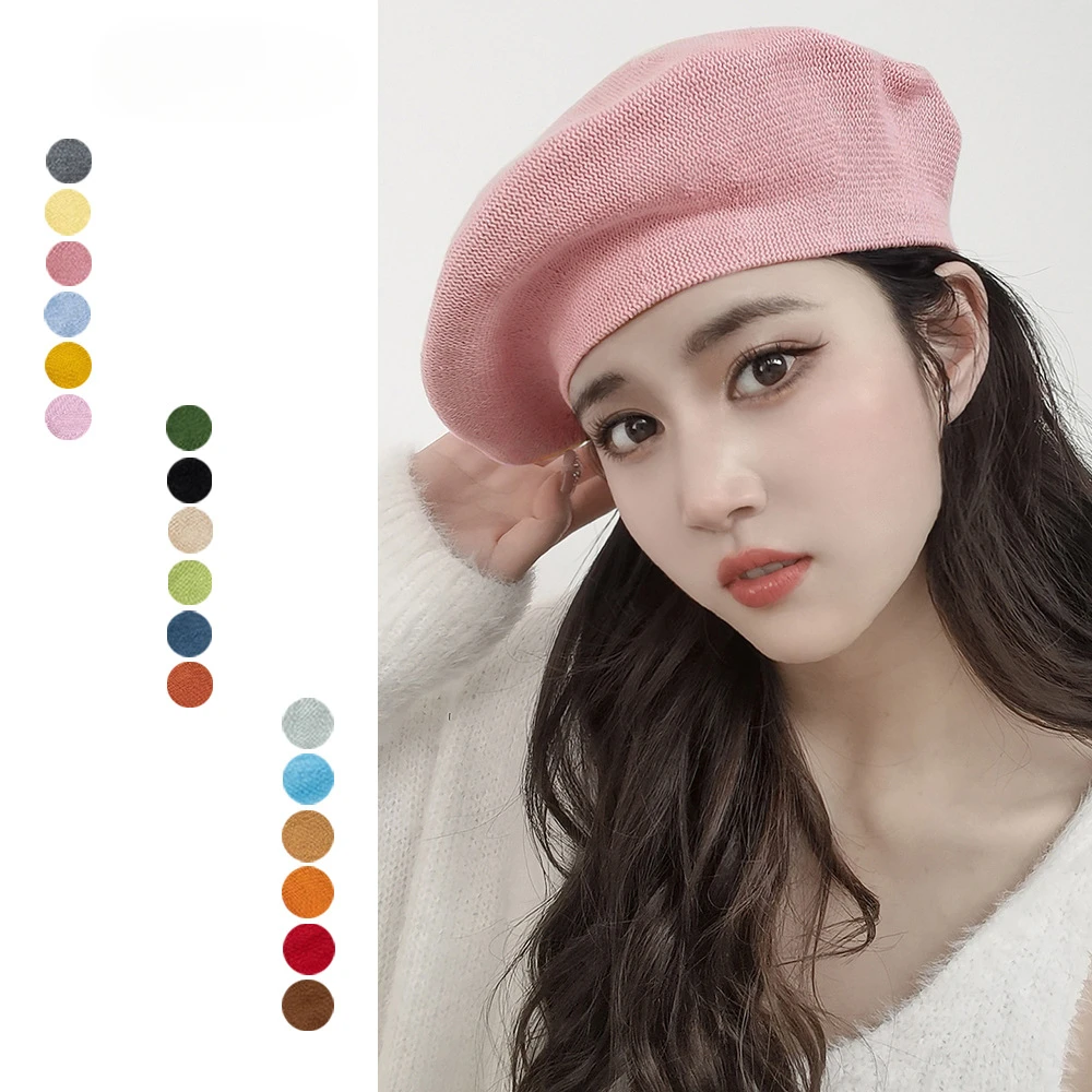 

Autumn and Winter New fashion casual breathable knitted cotton beret painter hat women concave British retro hat