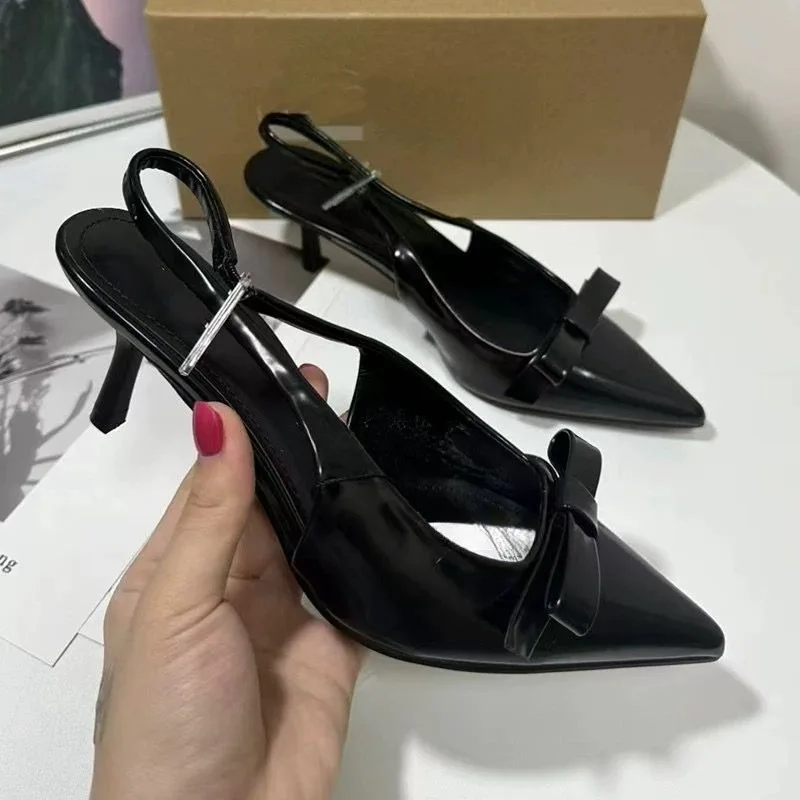 New Modern Office Shoes for Women Black Pumps Wedding Slingback Pointed Toe Butterfly Decoration Female High Heeled Sandals