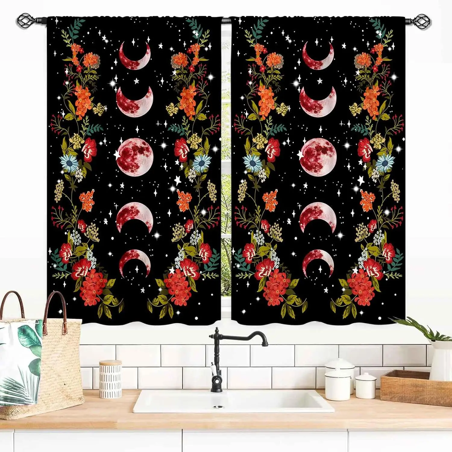 Moon Phase Kitchen Curtains, Boho Gothic Witchy Botanical Wildflower Vintage Spring Floral Leaves Celestial Moonlit Aesthetic