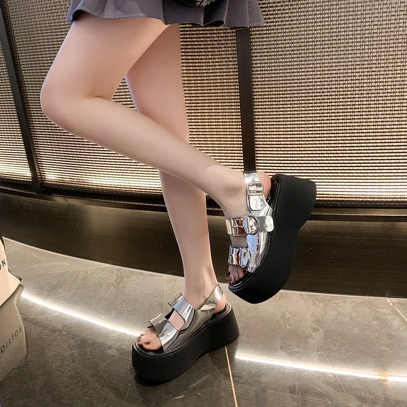 7CM Thick Platform Open Toe Sandals Women 2024 Summer New Fashion Female Metal Silver Belt Buckle A Word Roman Sandals Women