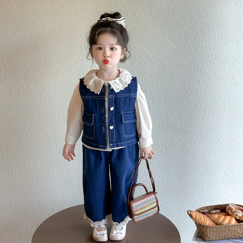 

2025Girls' Retro Fashionable Set Spring and Autumn New Denim Vest Top Wide-Leg Pants Three-Piece Set Trendy